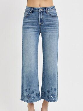 2-0407 Daisies for Days Cut out Wide leg Crop Denim jeans - boutique
